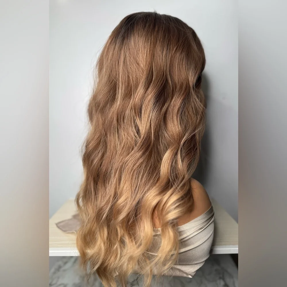 Long Wavy Synthetic Wig w/ Curtain Bangs – Mocha Brown Balayage – Natural Waves